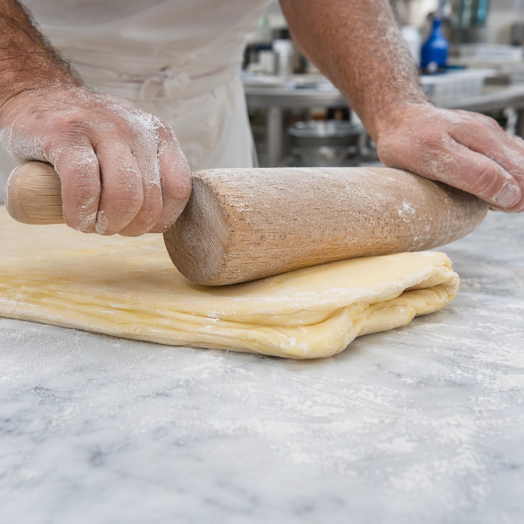 Hands rolling a layered dough sheet with a rolling pin