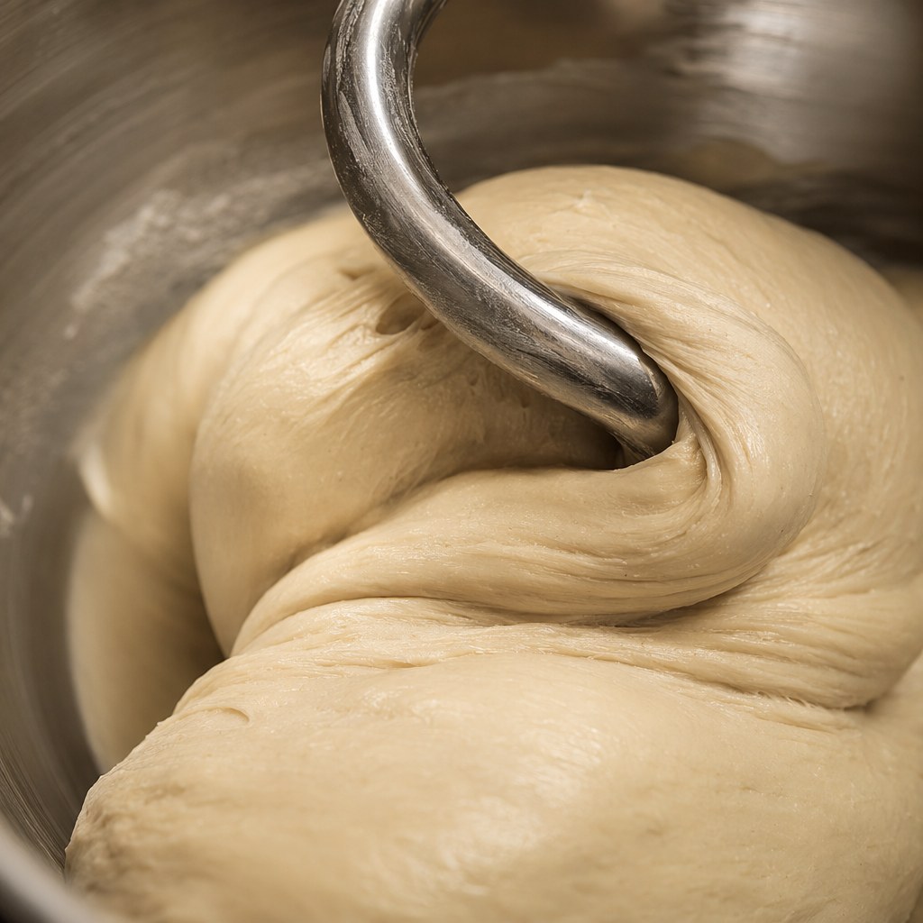Smooth, elastic dough being mixed with a dough hook