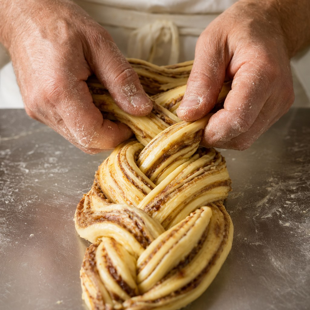 Hands braiding layered dough with visible butter lines