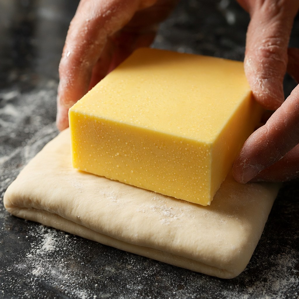 Hands placing a butter block onto folded dough
