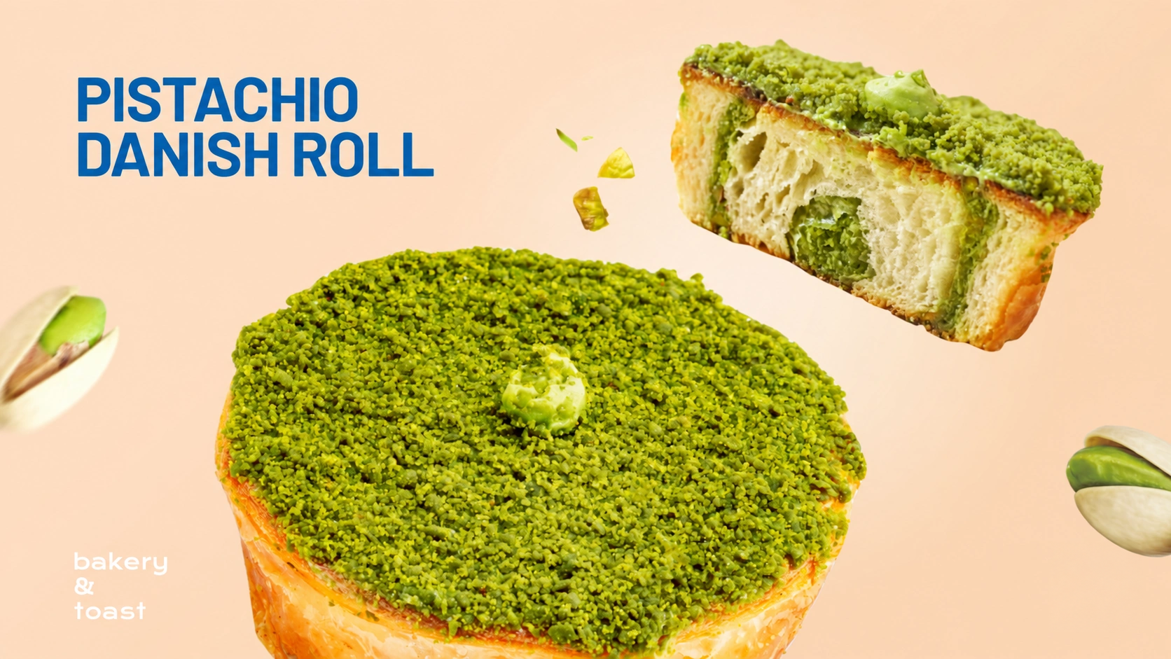 Pistachio Danish Roll topped with pistachio cake crumbs